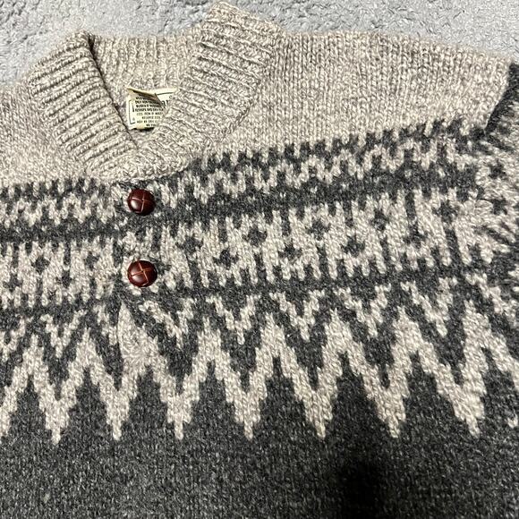 LL Bean Sweater Mens XL Gray Nordic Fair Isle Ragg Henley Sweater Lambswool - Picture 3 of 6